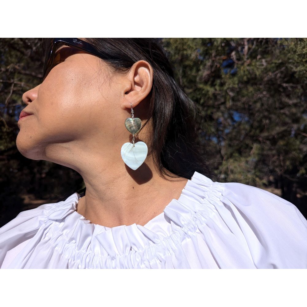 Santo Domingo Heart Mother of Pearl Sterling Silver Dangle Earrings** - Picture 6 of 9